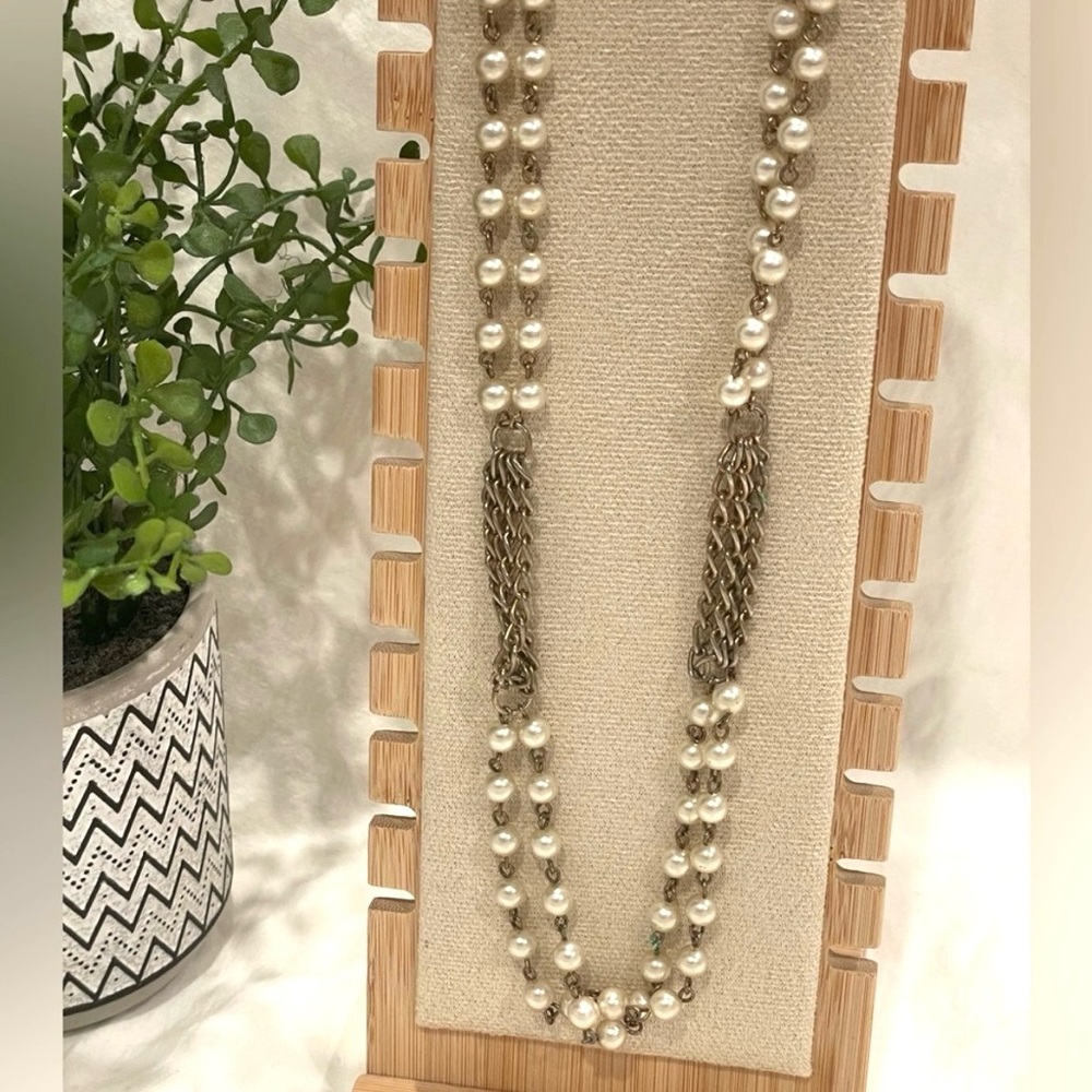 🆓 Vintage Costume Faux Pearl and Silver Tone Necklace w Patina | GUC